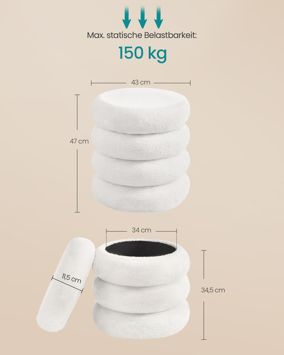 Ronde Poef met Opbergruimte – Pluche – Afneembaar Deksel – Tot 150 kg – Wit
