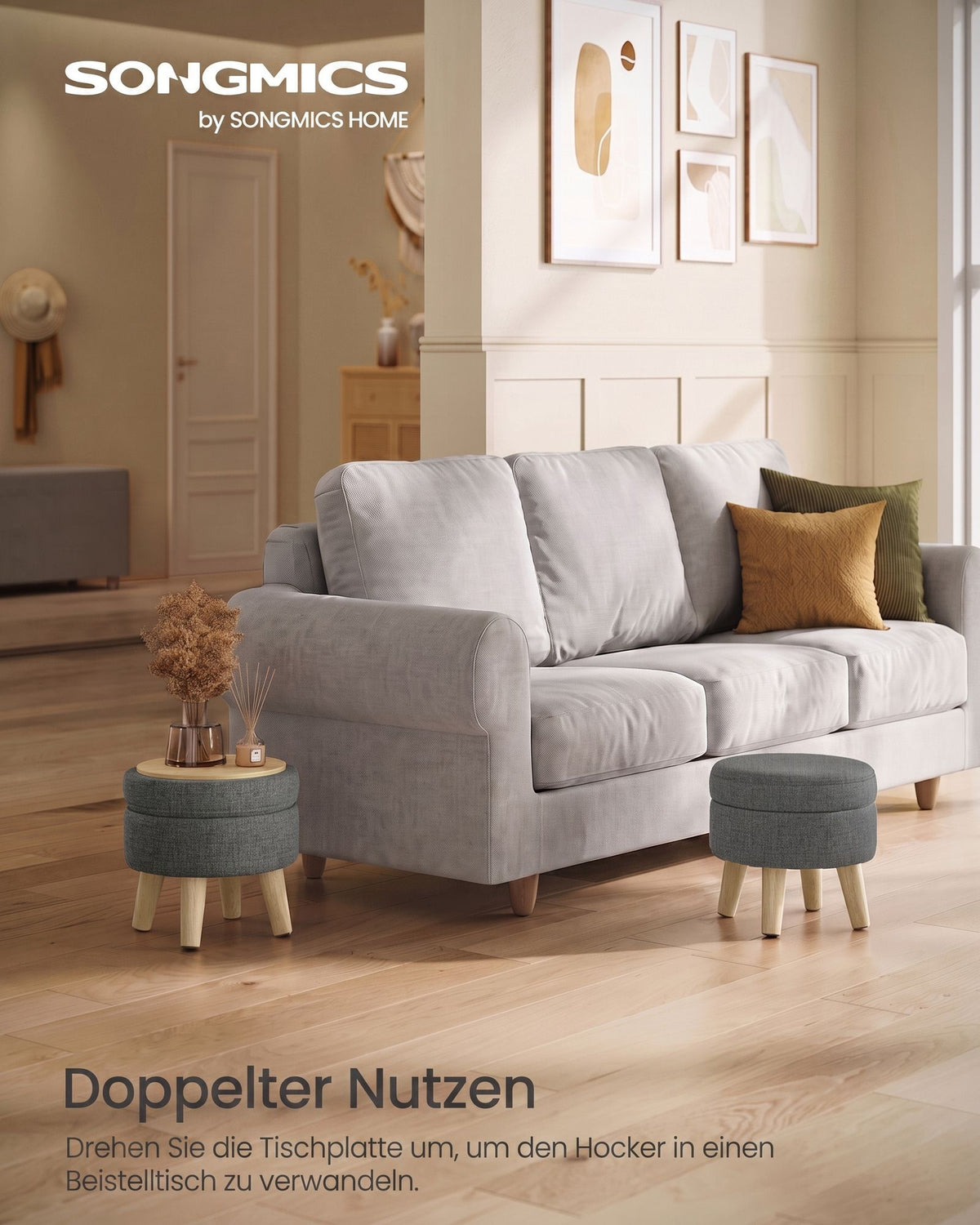 Poef met Opbergruimte – Rond – Linnenlook – Houten Poten – Leigrijs