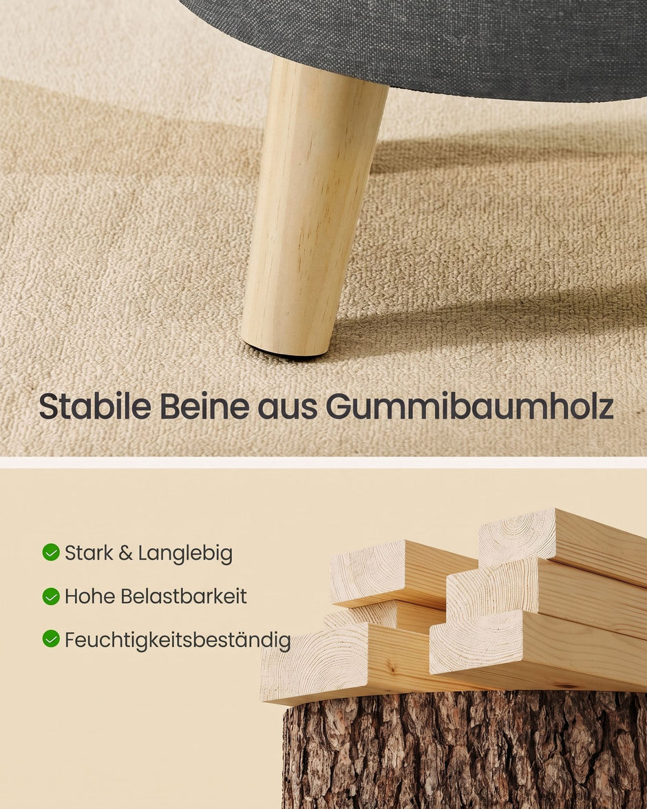 Poef met Opbergruimte – Rond – Linnenlook – Houten Poten – Leigrijs