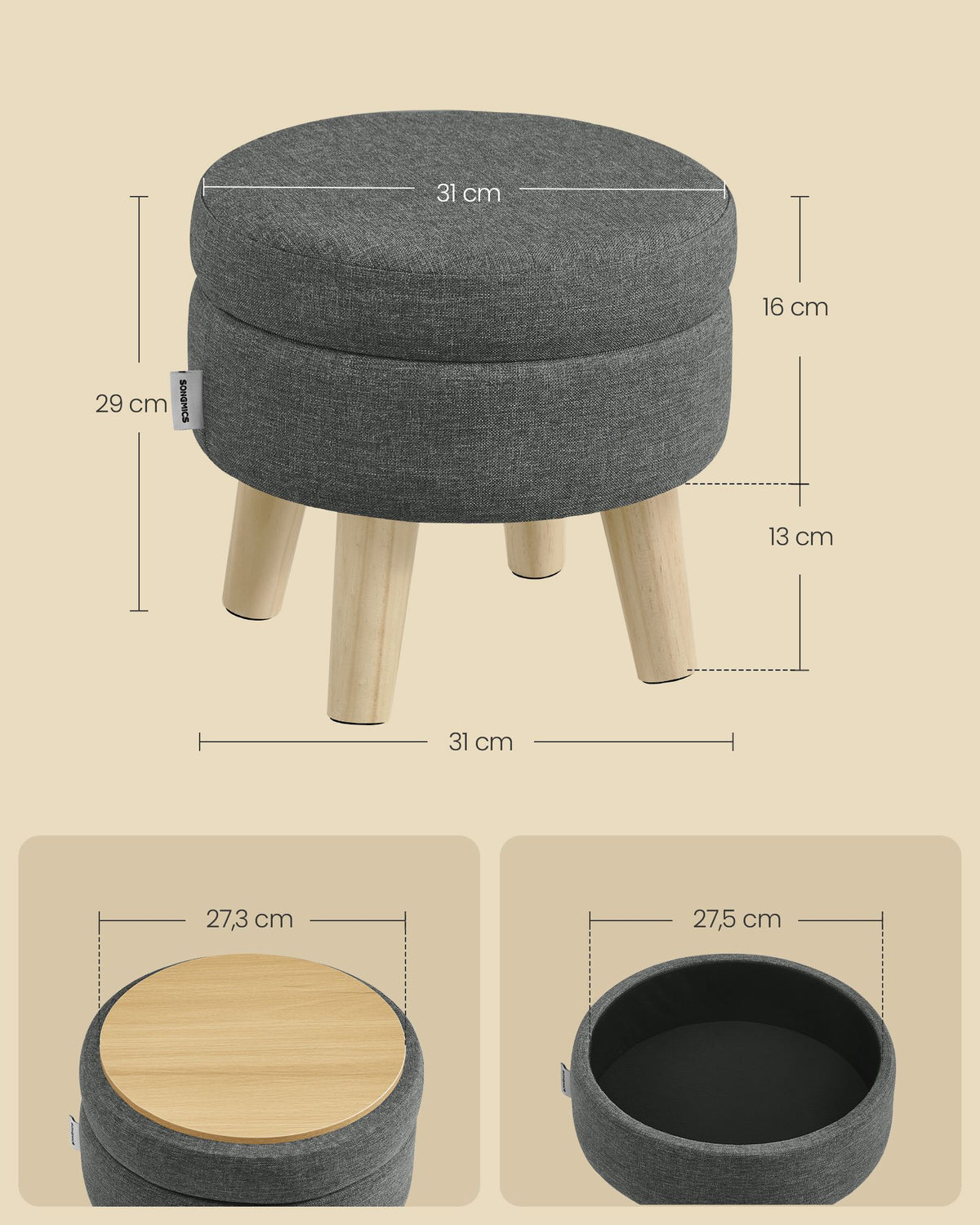 Poef met Opbergruimte – Rond – Linnenlook – Houten Poten – Leigrijs