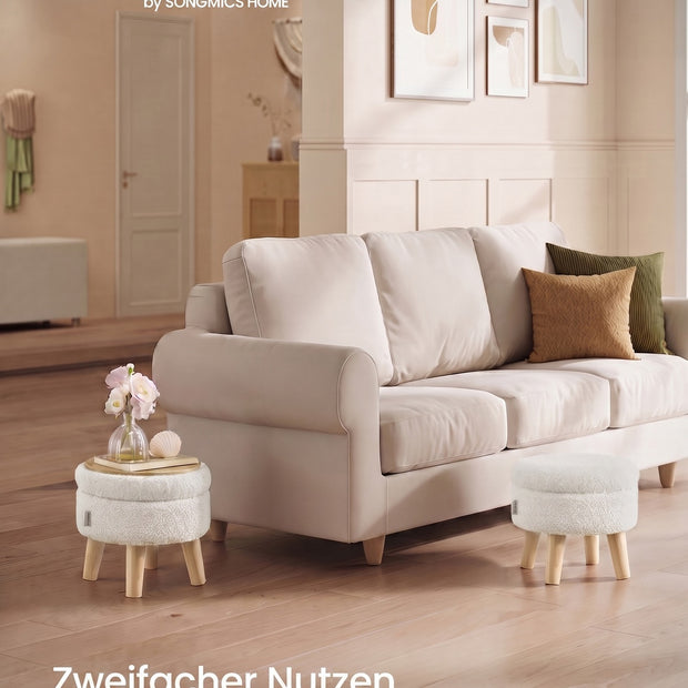 Poef met Opbergruimte – Rond – Teddy – Houten Poten – Crèmewit
