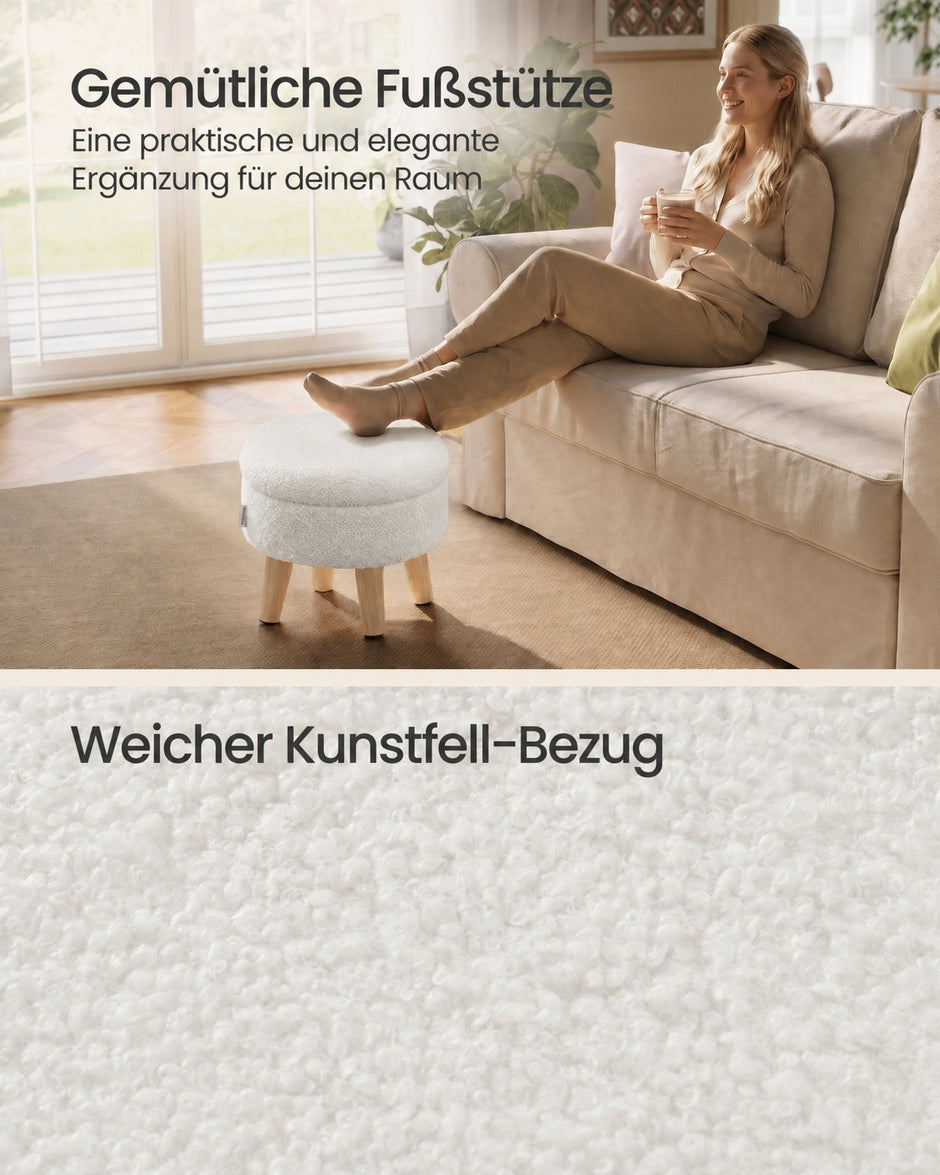 Poef met Opbergruimte – Rond – Teddy – Houten Poten – Crèmewit