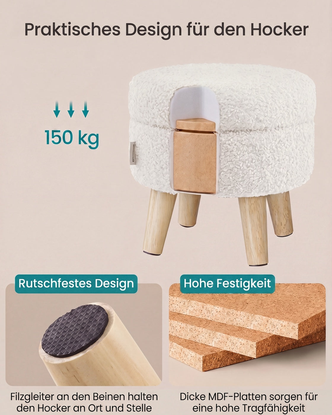 Poef met Opbergruimte – Rond – Teddy – Houten Poten – Crèmewit