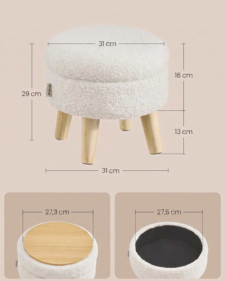 Poef met Opbergruimte – Rond – Teddy – Houten Poten – Crèmewit