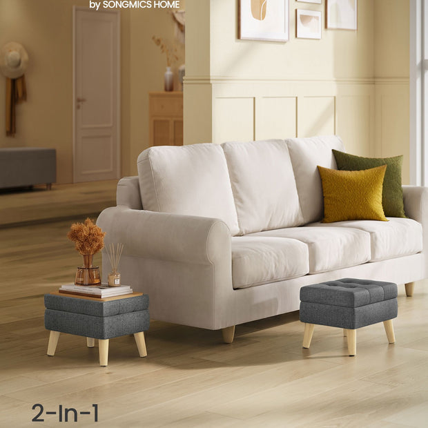 Poef met Opbergruimte – Rechthoekig – Linnenlook – Houten Poten – Grijs