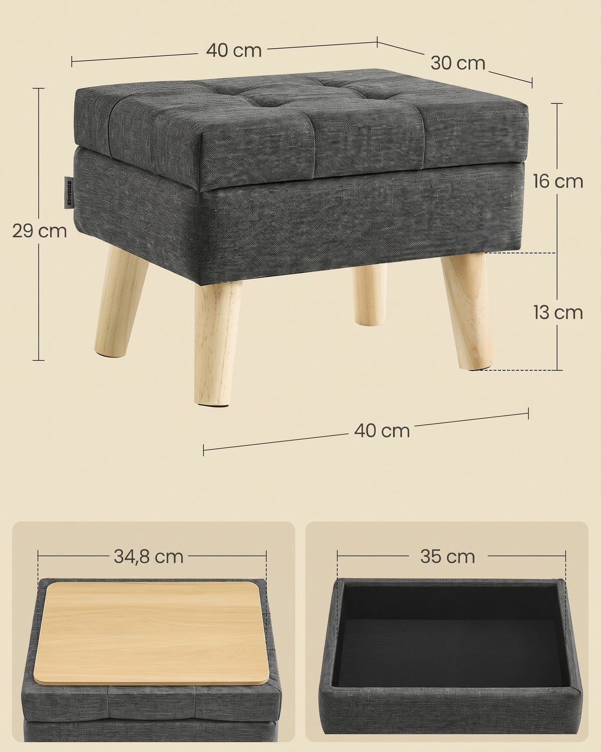 Poef met Opbergruimte – Rechthoekig – Linnenlook – Houten Poten – Grijs