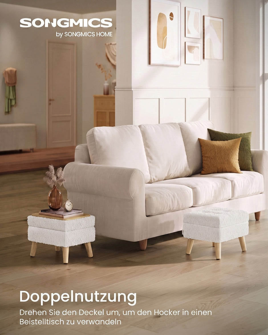 Poef met Opbergruimte – Rechthoekig – Teddy – Houten Poten – Warmwit