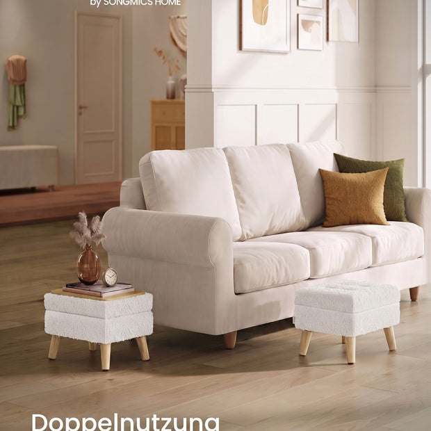 Poef met Opbergruimte – Rechthoekig – Teddy – Houten Poten – Warmwit