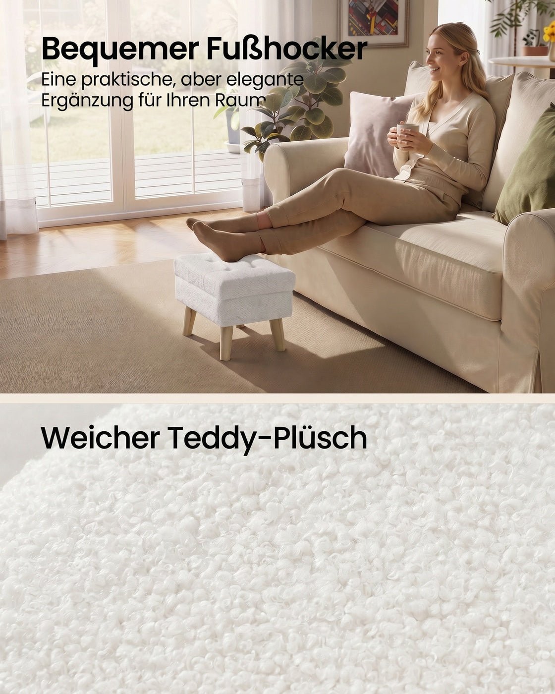 Poef met Opbergruimte – Rechthoekig – Teddy – Houten Poten – Warmwit