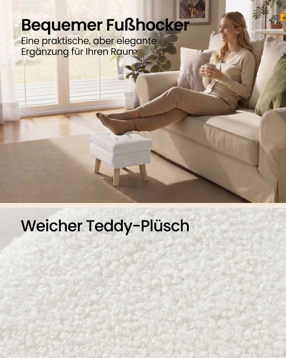 Poef met Opbergruimte – Rechthoekig – Teddy – Houten Poten – Warmwit