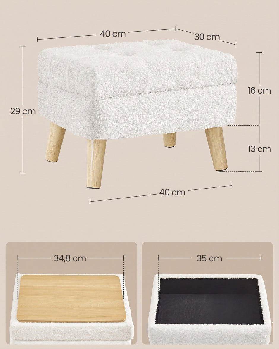 Poef met Opbergruimte – Rechthoekig – Teddy – Houten Poten – Warmwit