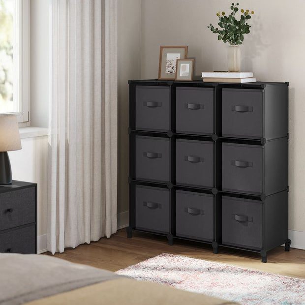 Kubskåp – 9 fack med förvaringslådor – Svart och grå