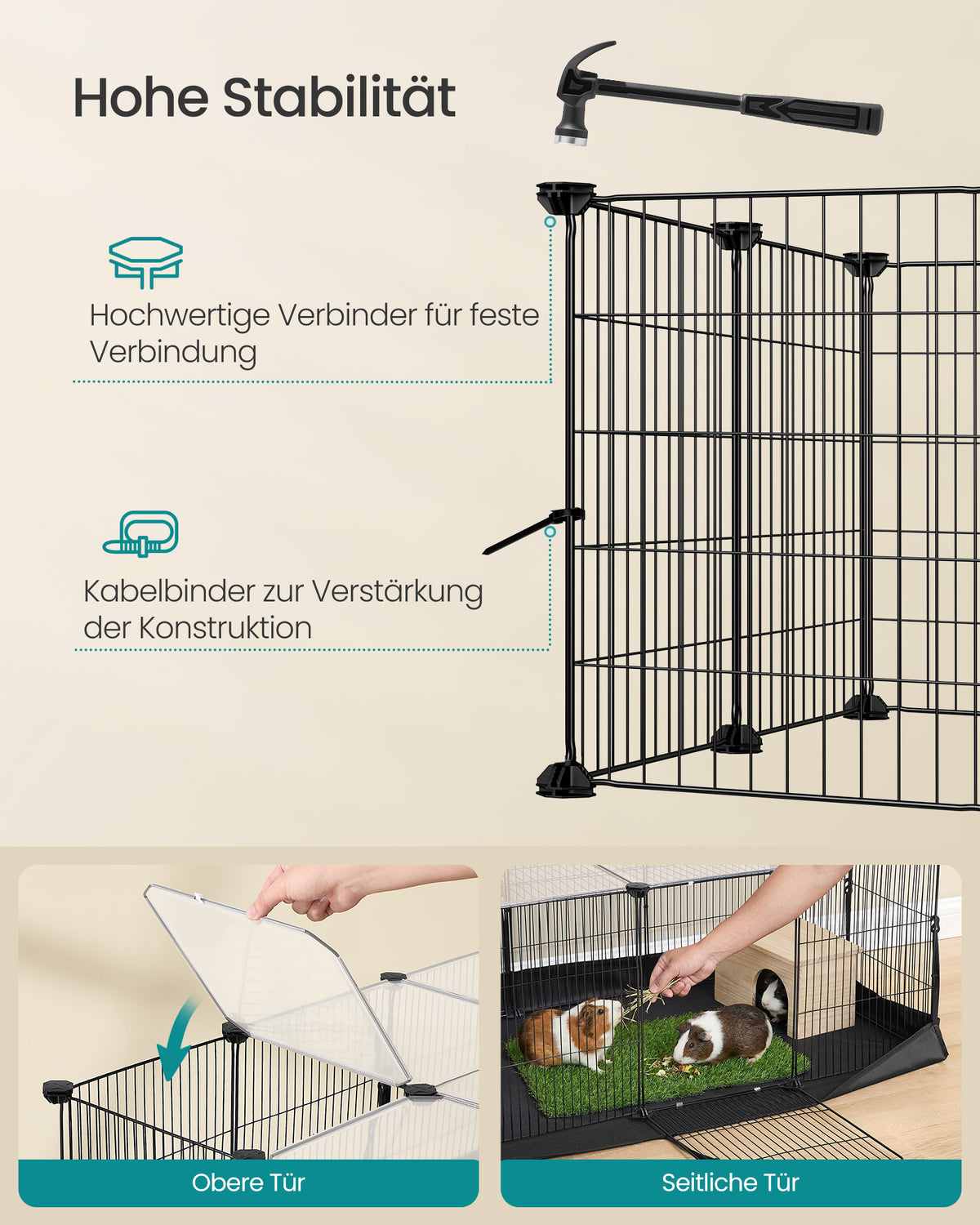 Konijnenren – 3 Deuren – 20 Panelen – Waterbestendige Bodemmat – 123 x 63 x 41,5 cm – Inktzwart