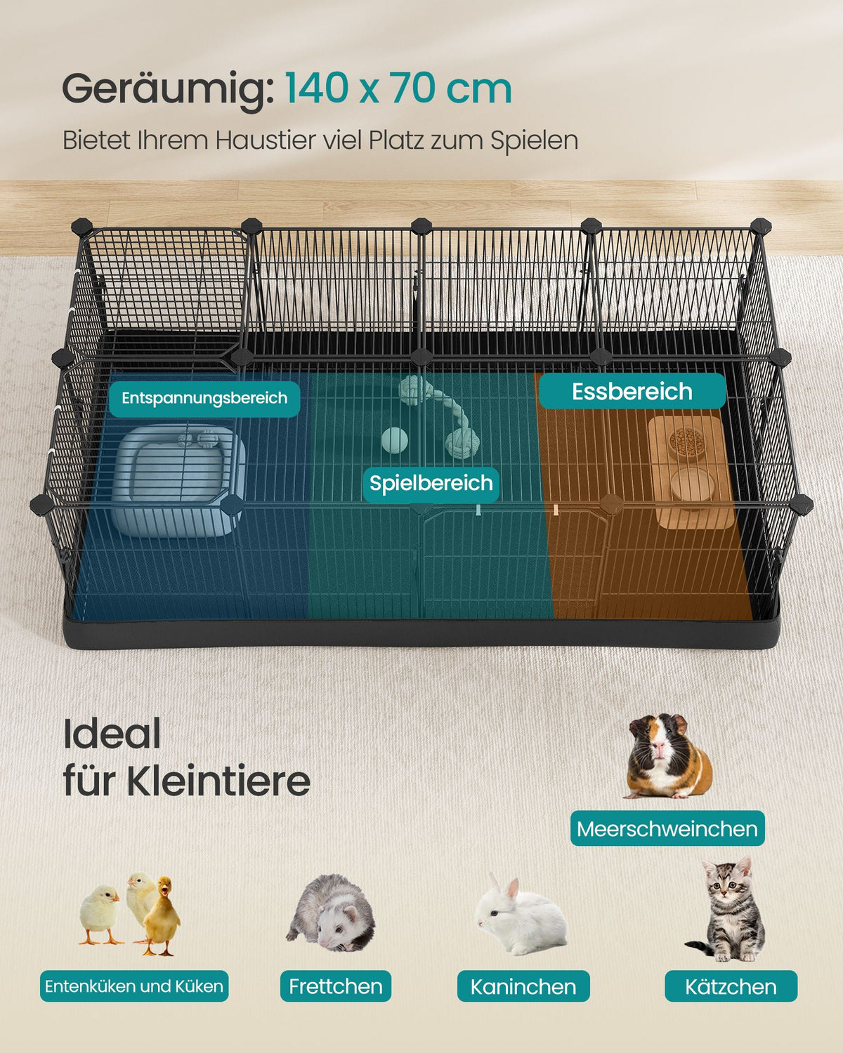 Konijnenren – Met Bodemmat en Twee Deuren – Met Dak – 140 x 70 x 55 cm – Inktzwart