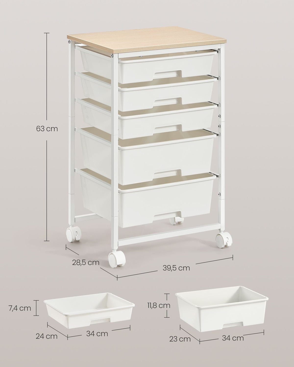 Rolwagen - Met Schuifladen op Wielen - Wit - 39,5 x 28,5 x 63 cm