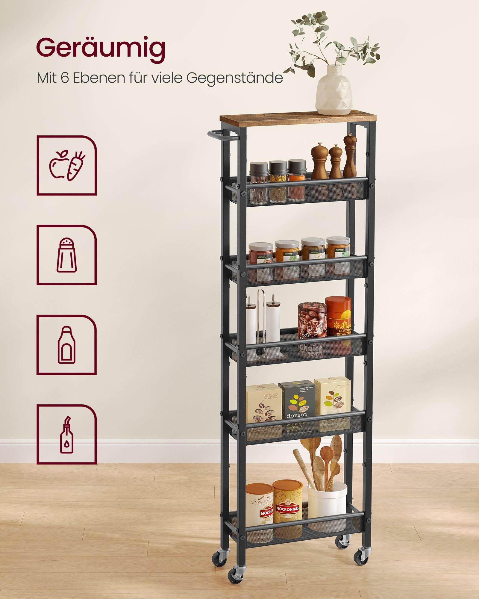 Keukenrolwagen - Smal met Meerdere Ebenen - Vintagebruin-zwart - 45,4 x 15 x 131,4 cm
