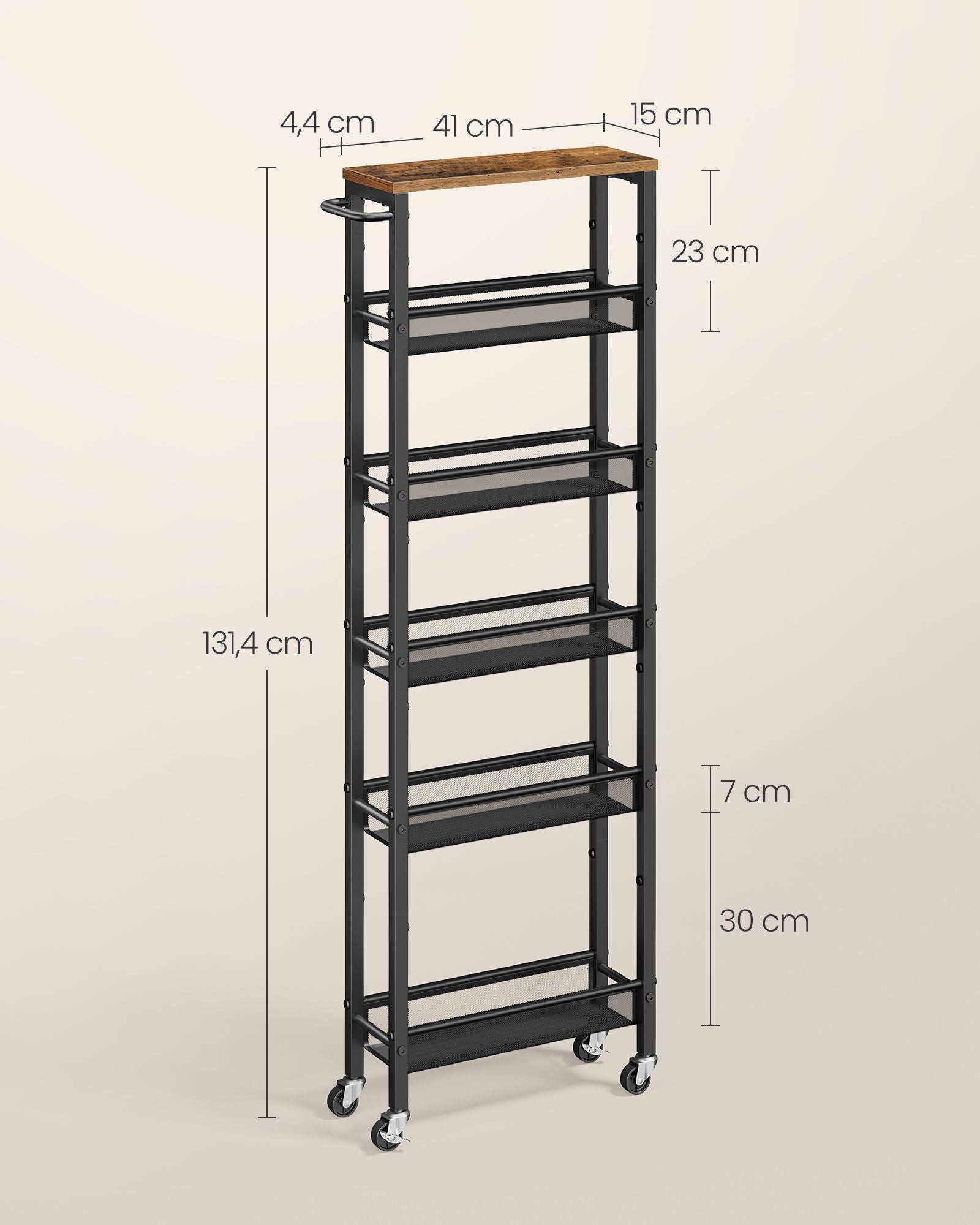 Keukenrolwagen - Smal met Meerdere Ebenen - Vintagebruin-zwart - 45,4 x 15 x 131,4 cm