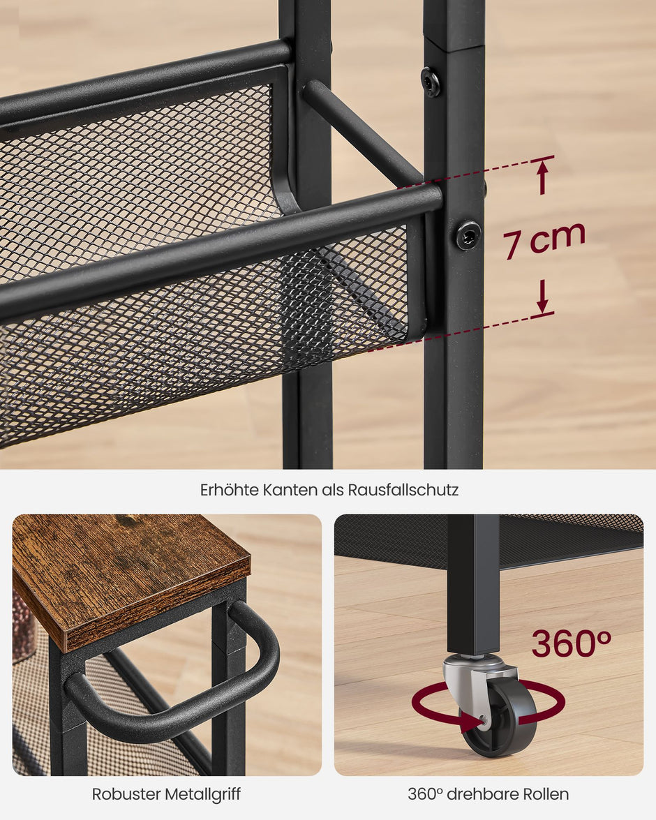 Keukenrolwagen - Smal met Meerdere Ebenen - Vintagebruin-zwart - 45,4 x 15 x 131,4 cm