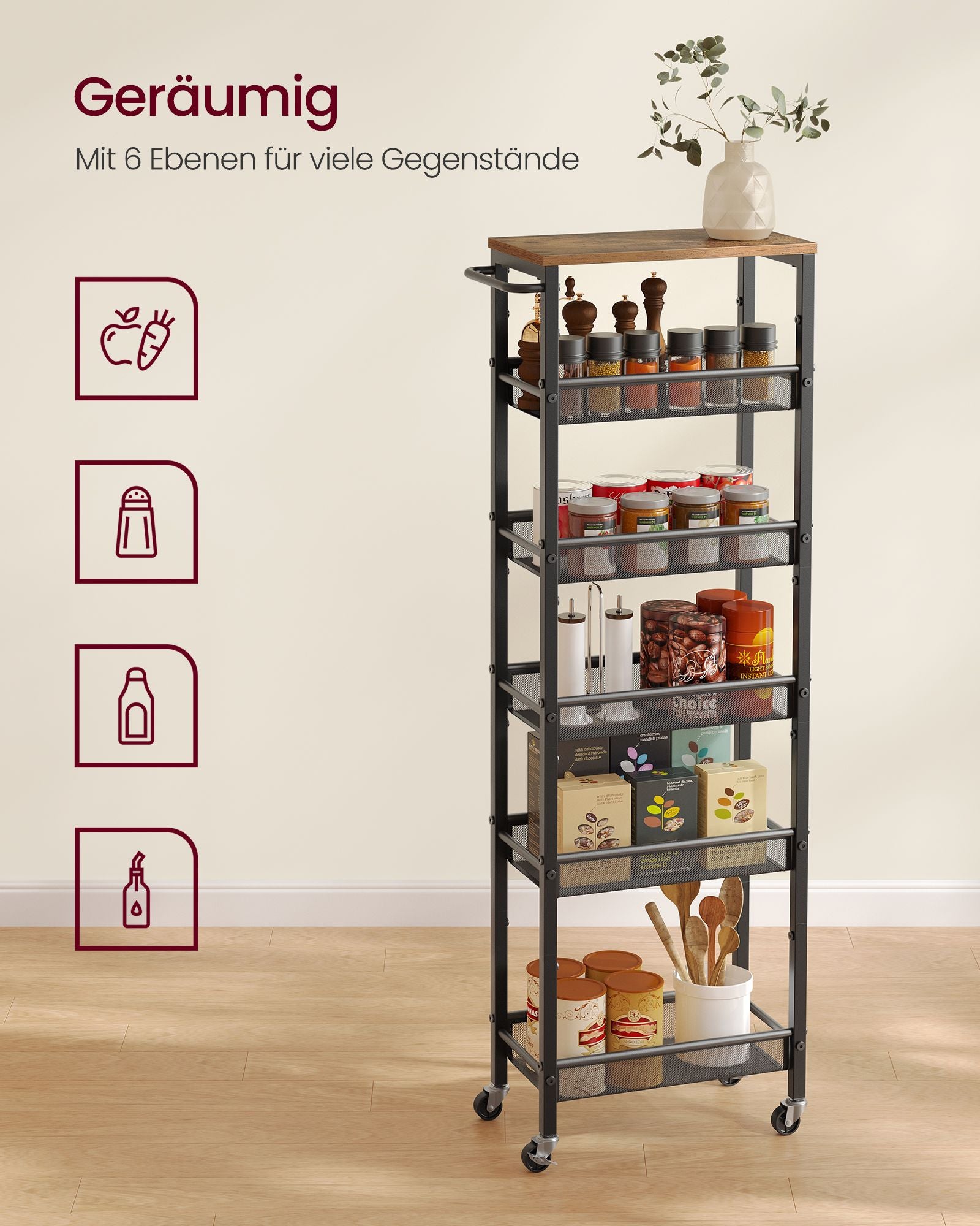 Keukenrolwagen - Smal met Meerdere Ebenen - Rustiek bruin-matzwart - 45,4 x 22 x 131,4 cm