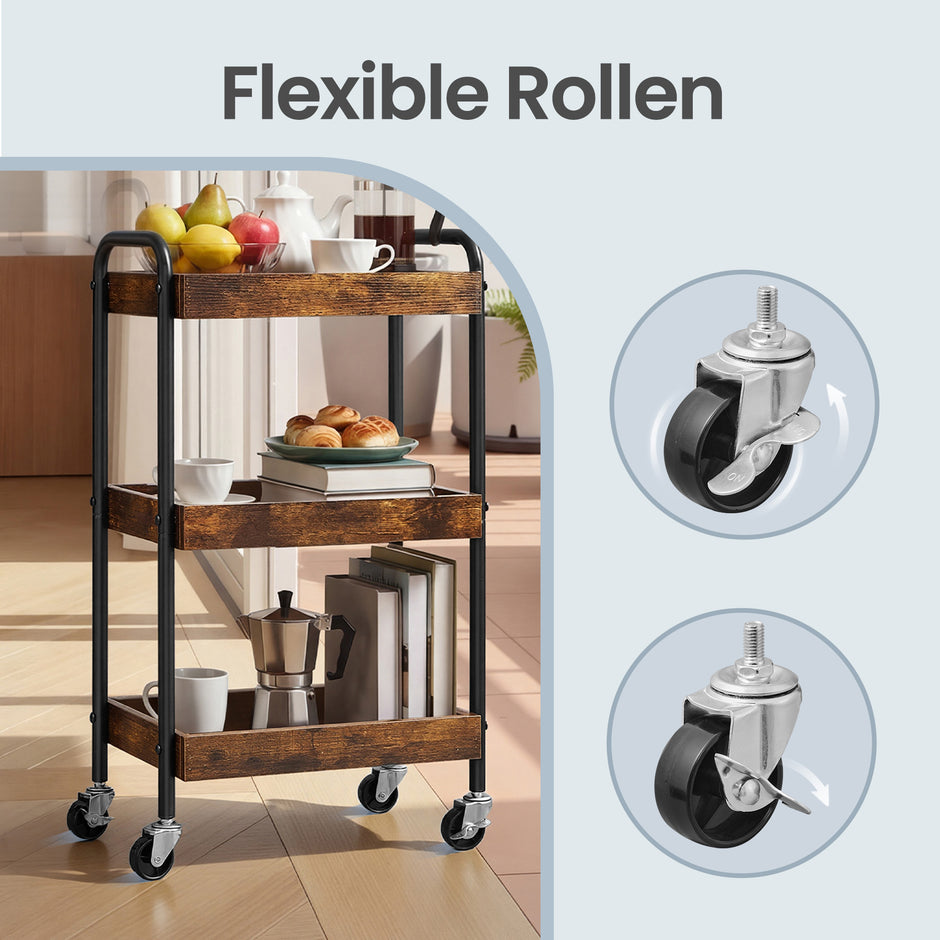 Serveertrolley - 3 Etages - Met Handgrepen - Op Wielen - Bruin