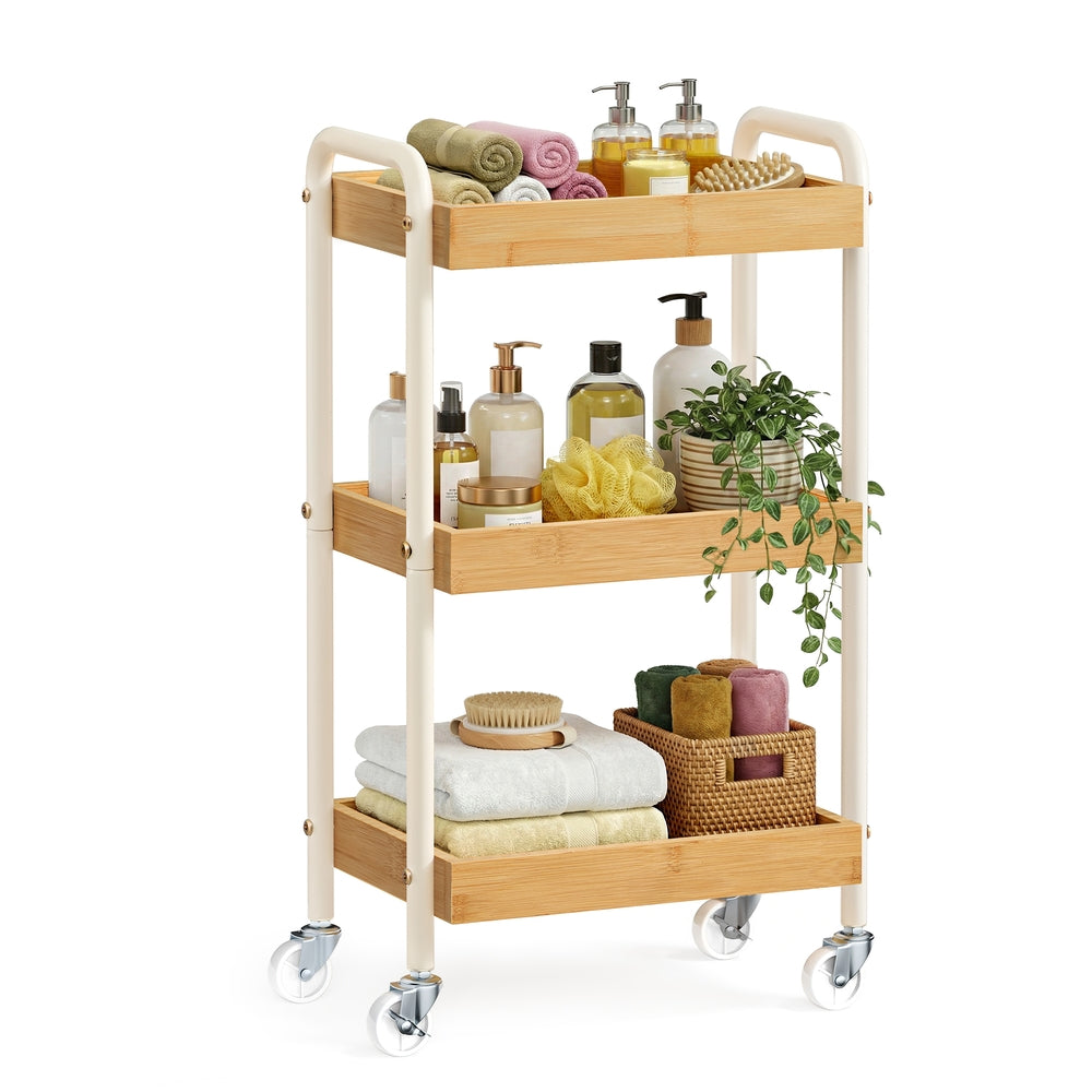 Rolwagen - 27,5 x 41,3 x 73 cm - Stalen frame - Natuurlijk beige - Maximale belasting per plank: 10 kg