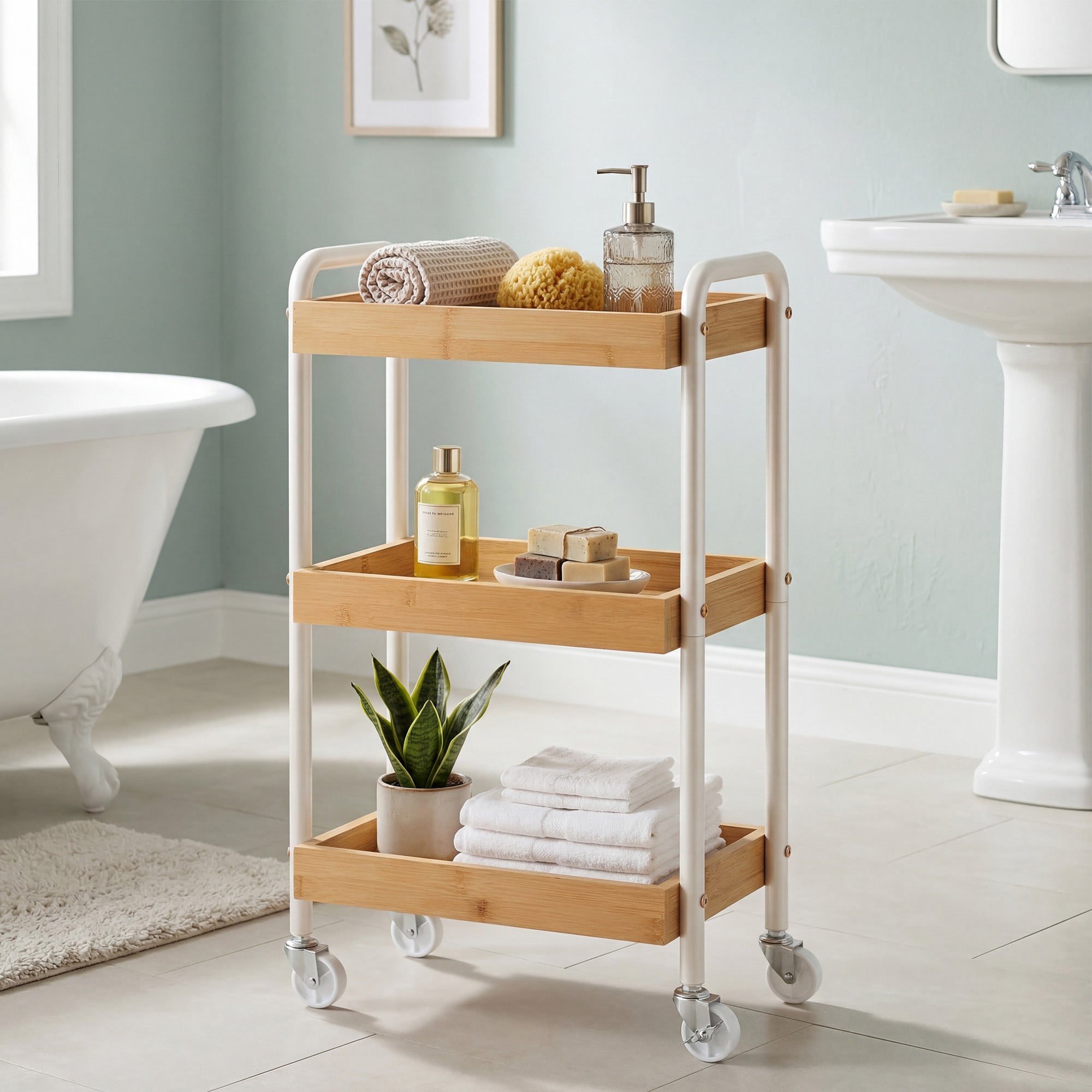 Serveertrolley - 3 Etages - Bamboe - Met Handgrepen - Beige
