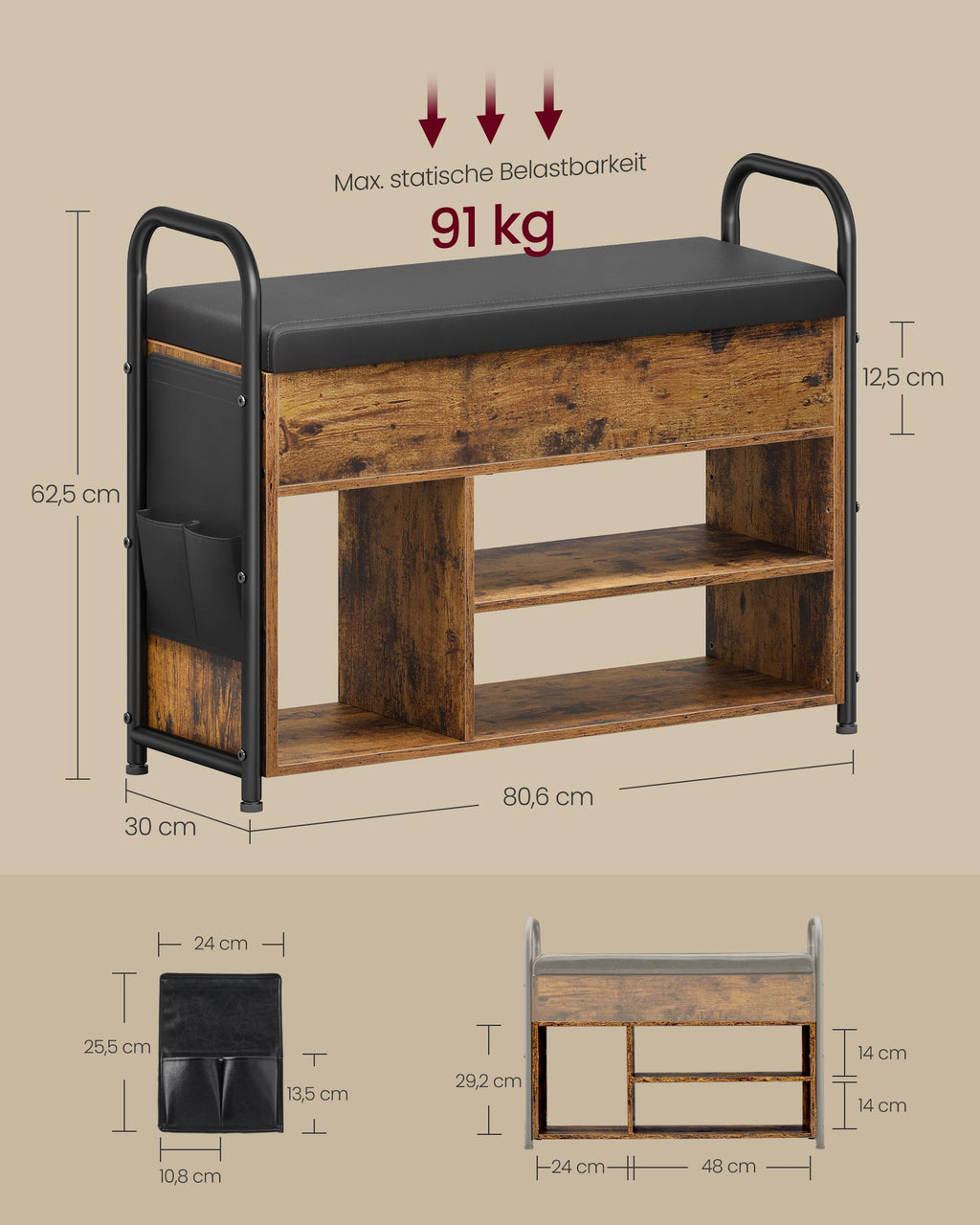 Shoe Bank - med sittplatser och handtag - 80,6 cm bred
