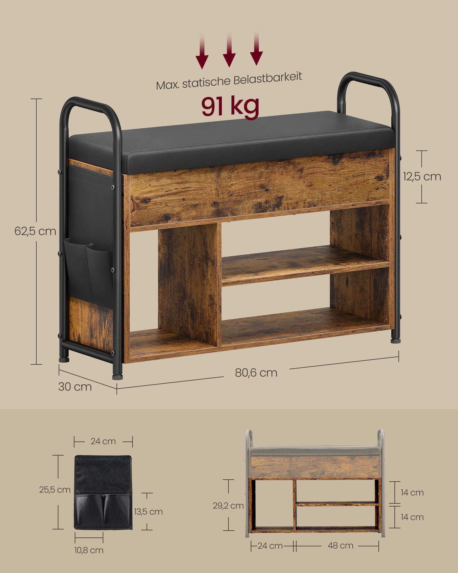 Skobänk med sits och handtag vintage brun-bläck svart