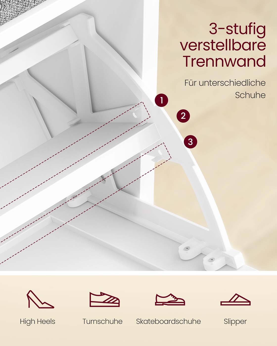 Skobänk - Sittdyna, hopfällbart fack och justerbar skiljevägg - Trä - Hall