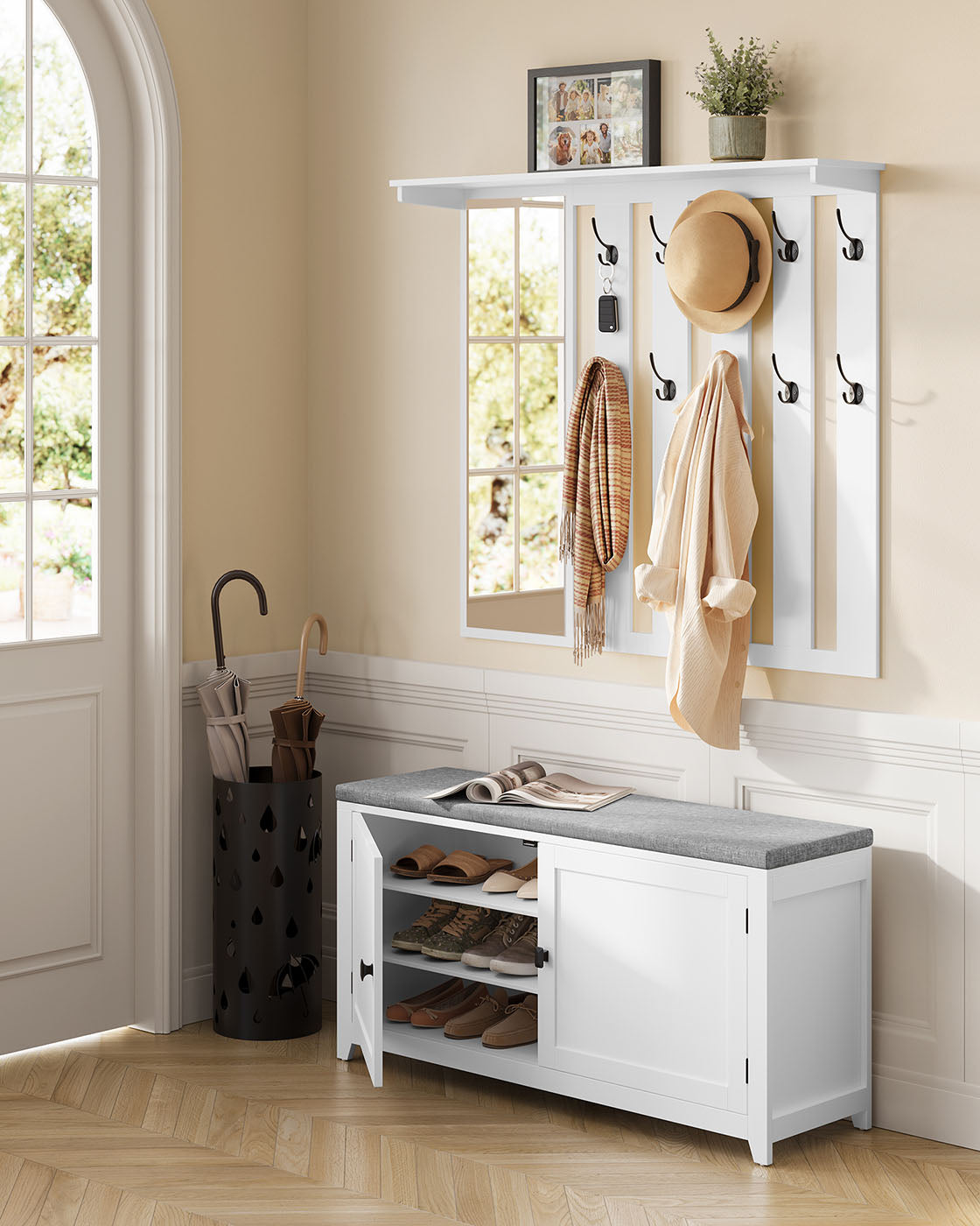 Sko Bank Wall Coat Rack Set med 10 dubbla krokar 102 cm breda