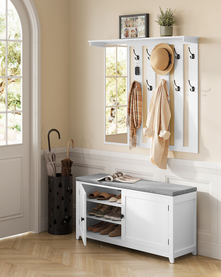 Skobänk med klädhängare och spegel – 10 krokar – molnvit