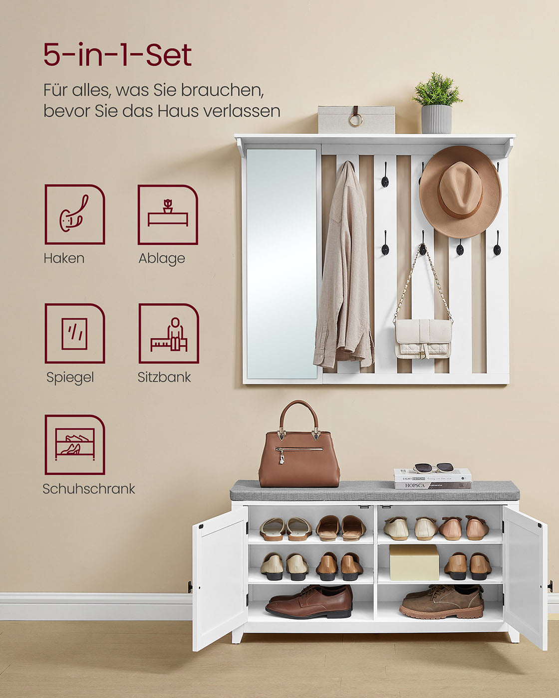 Sko Bank Wall Coat Rack Set med 10 dubbla krokar 102 cm breda