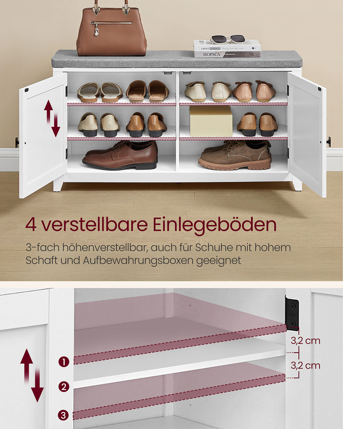 Sko Bank Wall Coat Rack Set med 10 dubbla krokar 102 cm breda