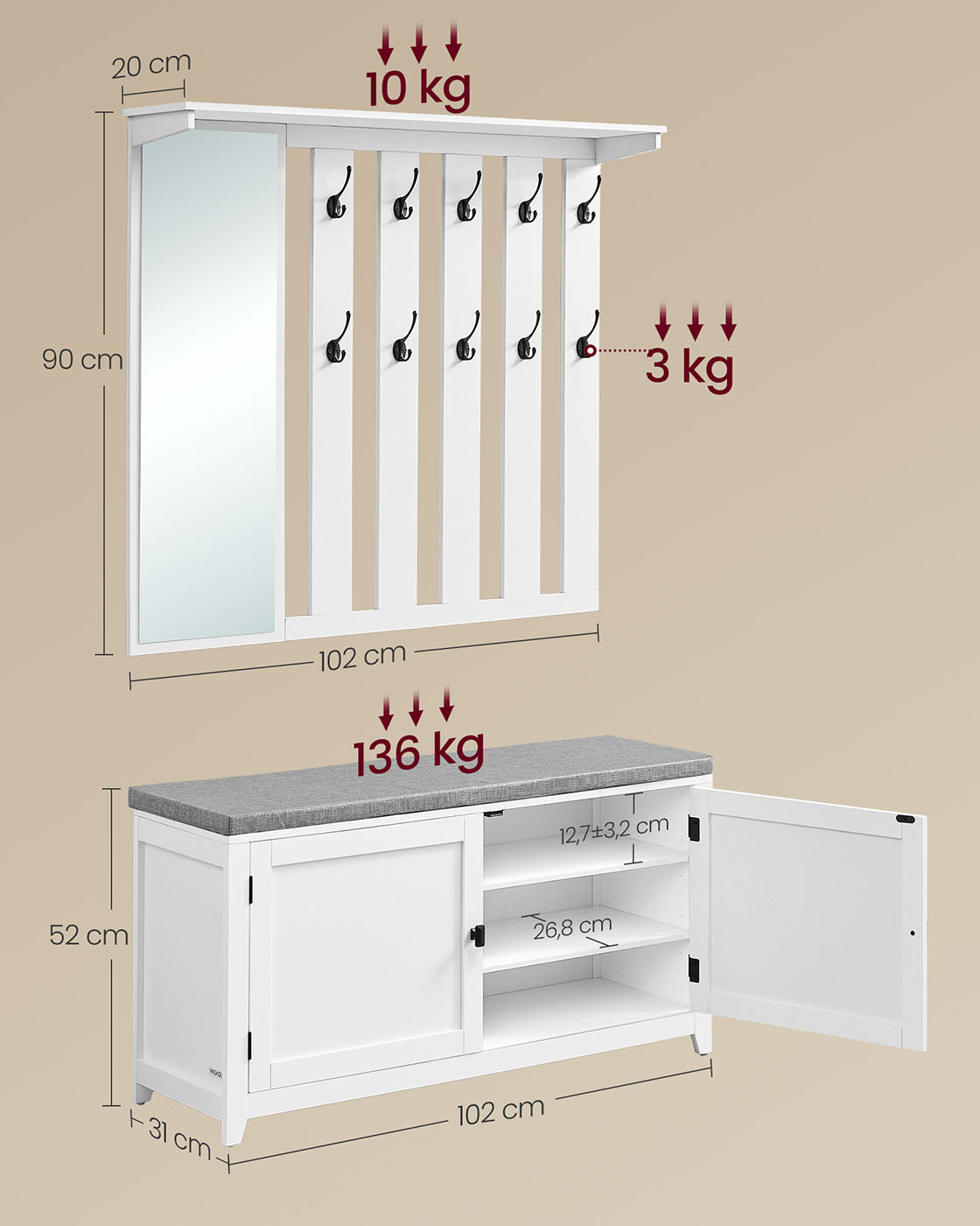 Sko Bank Wall Coat Rack Set med 10 dubbla krokar 102 cm breda