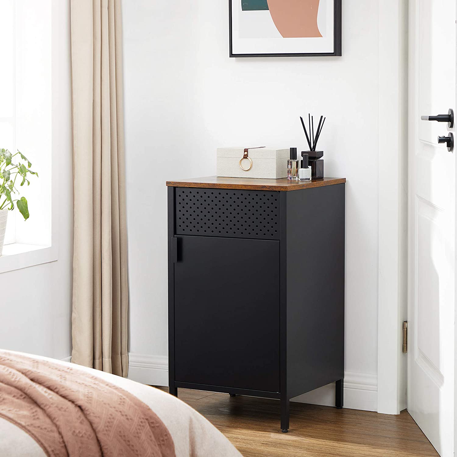 Förvaringsskåp – Justerbar hylla – Stålram – Svart / Brun