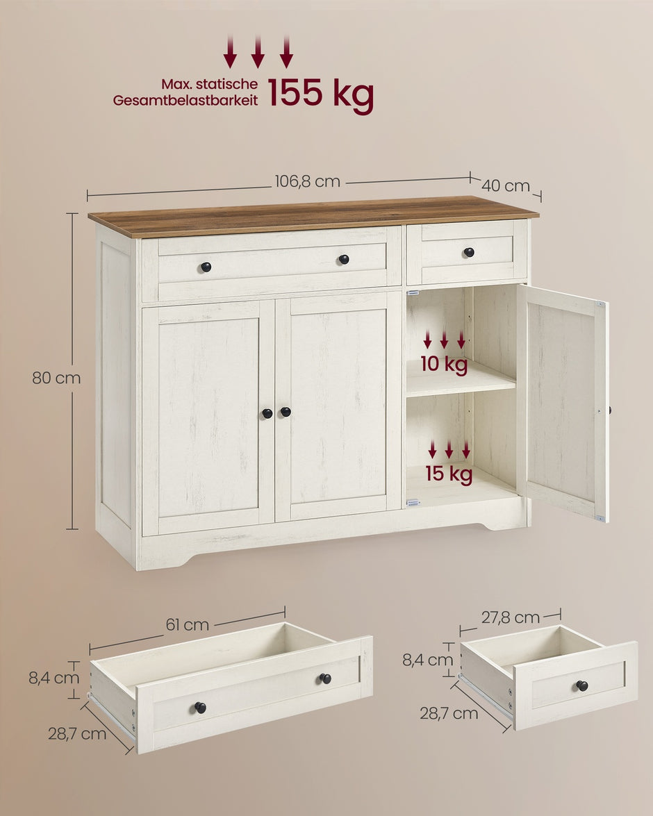 Keukenkast - 107 cm Breed - 2 Lades - 3 Deuren - Vintage Wit