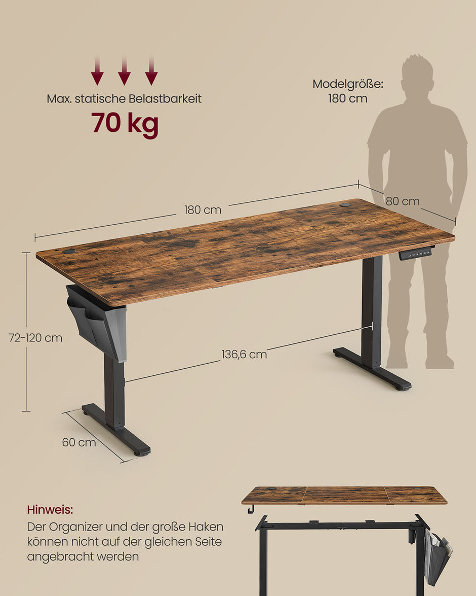 Elektriskt skrivbord - Justerbar i höjdled - 4 minnespositioner - USB C snabbladdare - 180 x 80 cm