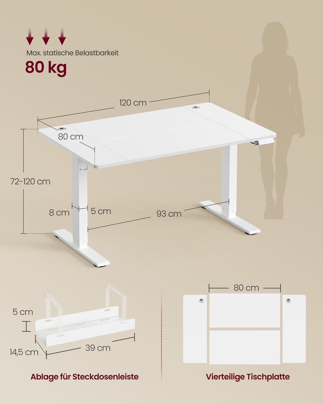 Elektrisch Zit-Sta Bureau - 120 x 80 cm - USB-C-Poort - Wit