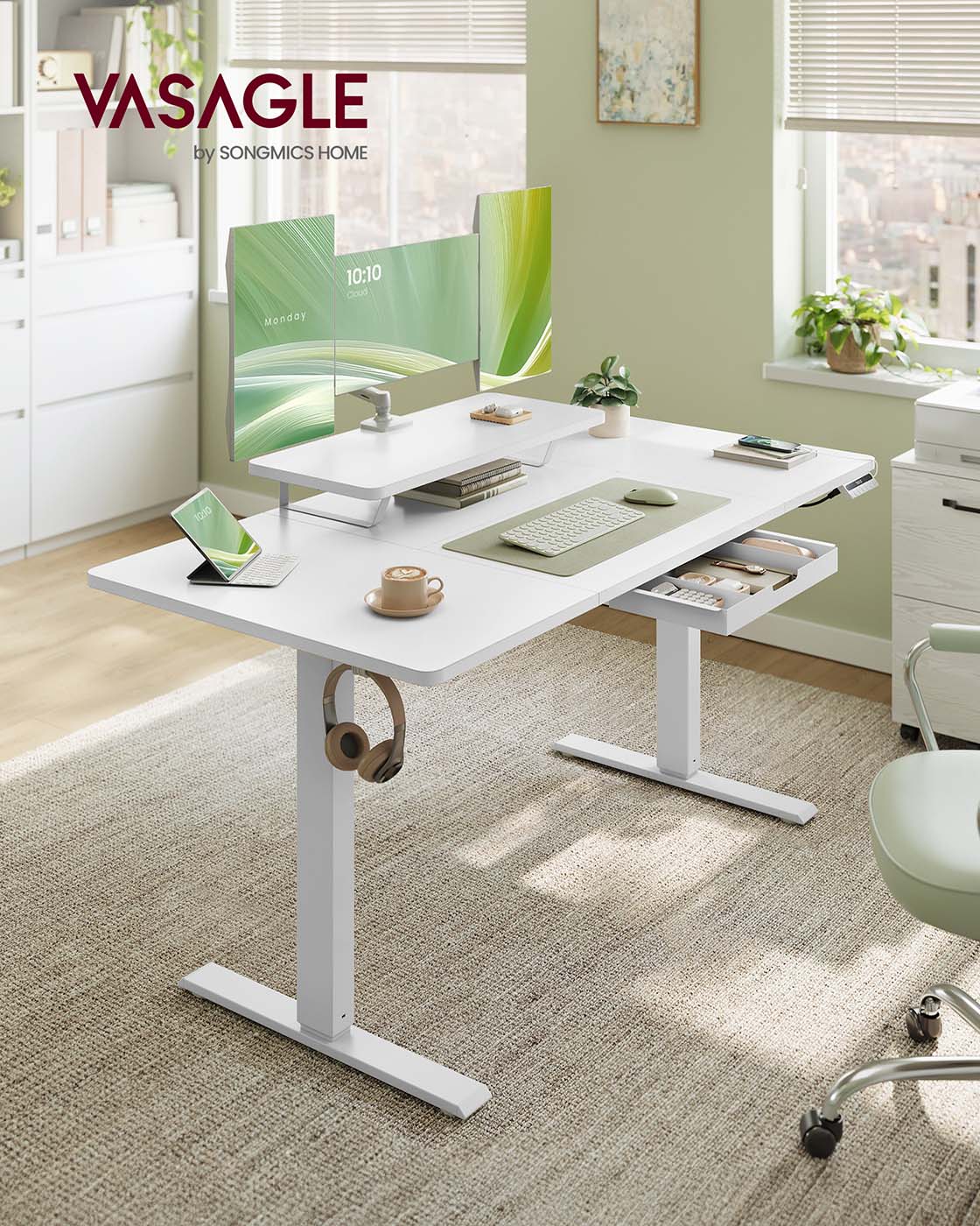 Skrivbord – Justerbart i höjdled – Monitorstativ och USB – Arbetsplats