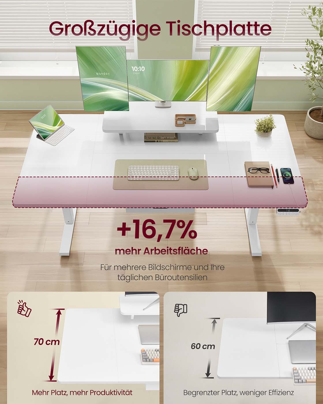 Skrivbord – Justerbart i höjdled – Monitorstativ och USB – Arbetsplats