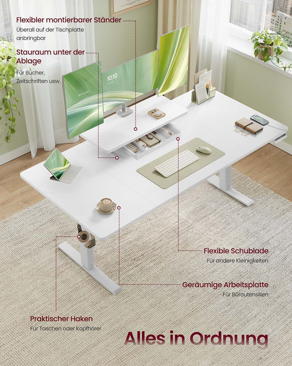 Skrivbord – Justerbart i höjdled – Monitorstativ och USB – Arbetsplats