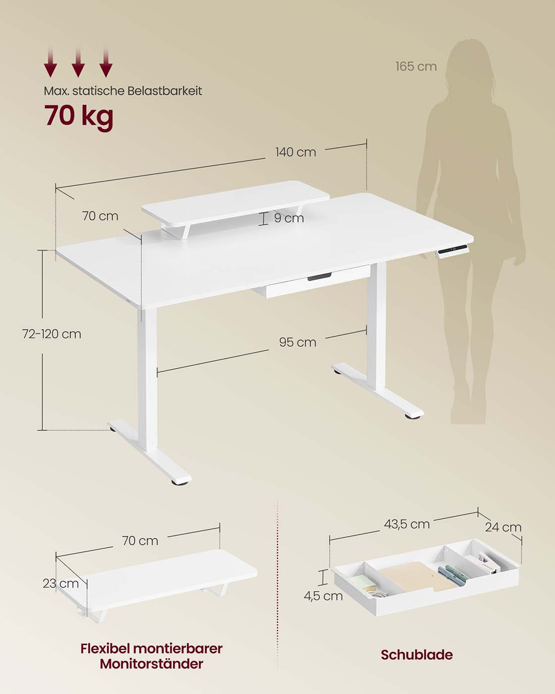Skrivbord – Justerbart i höjdled – Monitorstativ och USB – Arbetsplats