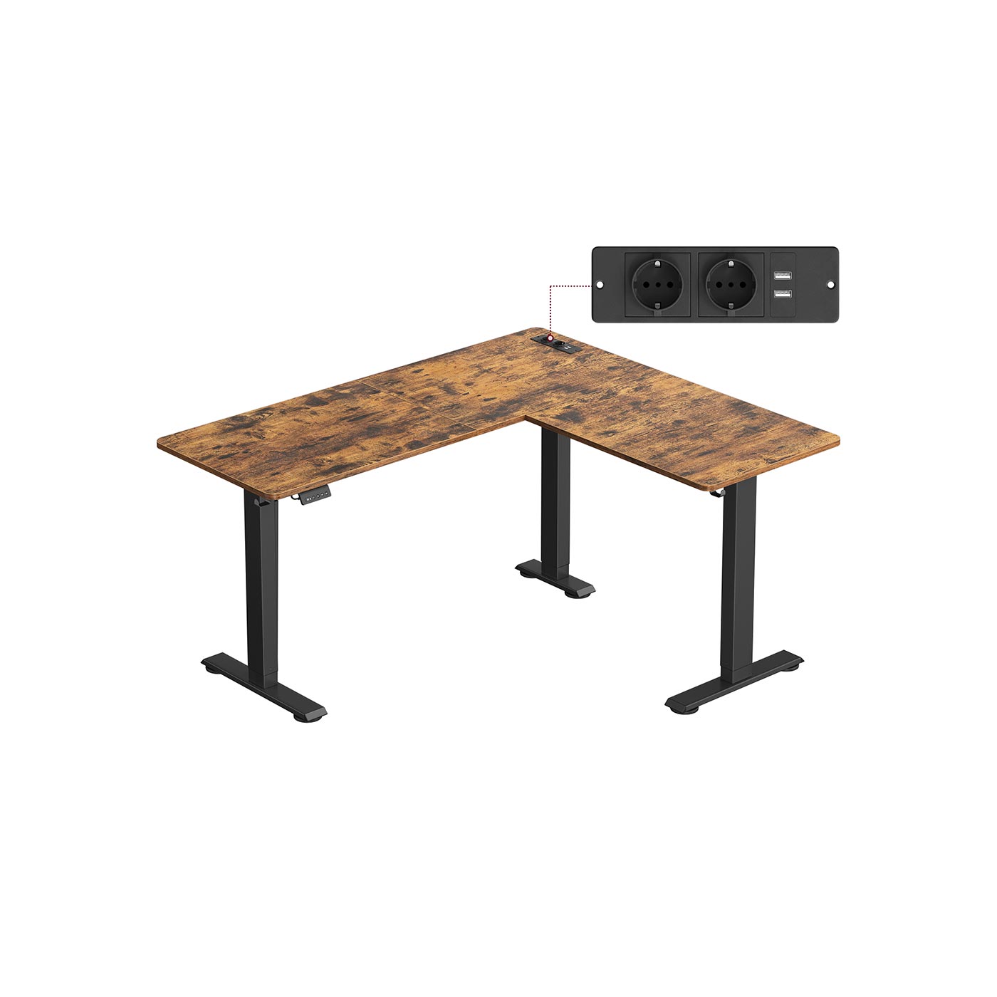 Hörnskrivbord – elektriskt – justerbart i höjdled – vintagebrun och bläcksvart