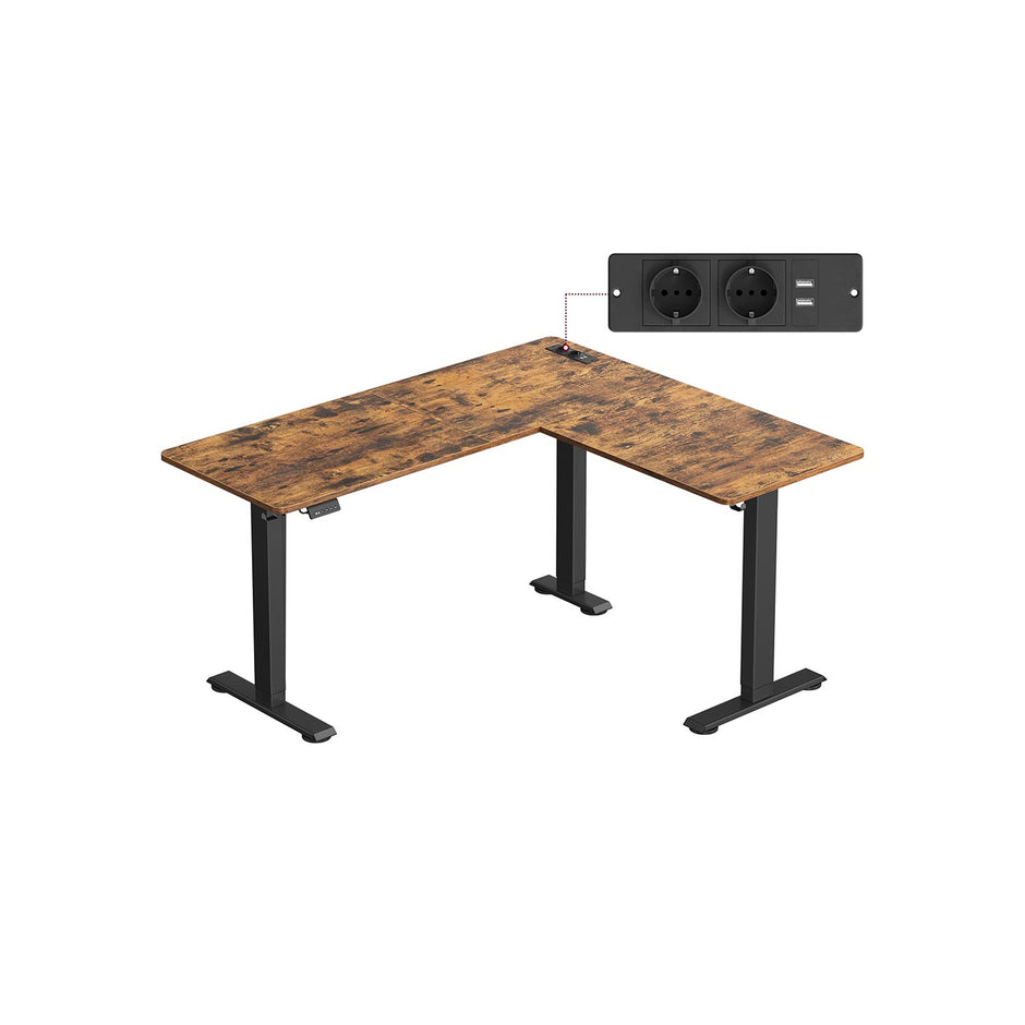 Hörnskrivbord – elektriskt – justerbart i höjdled – vintagebrun och bläcksvart