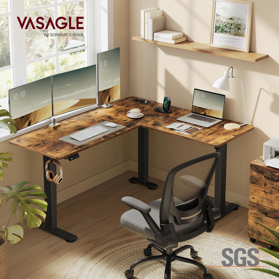 Hörnskrivbord – elektriskt – justerbart i höjdled – vintagebrun och bläcksvart