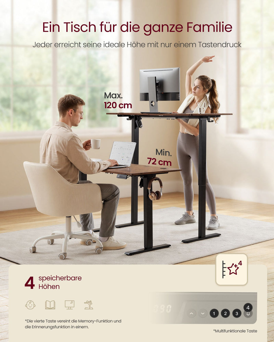 Elektrisch Zit-Sta Bureau – 100 x 60 cm – 4 Geheugenstanden – Zitherinnering – Vintage Bruin en Zwart