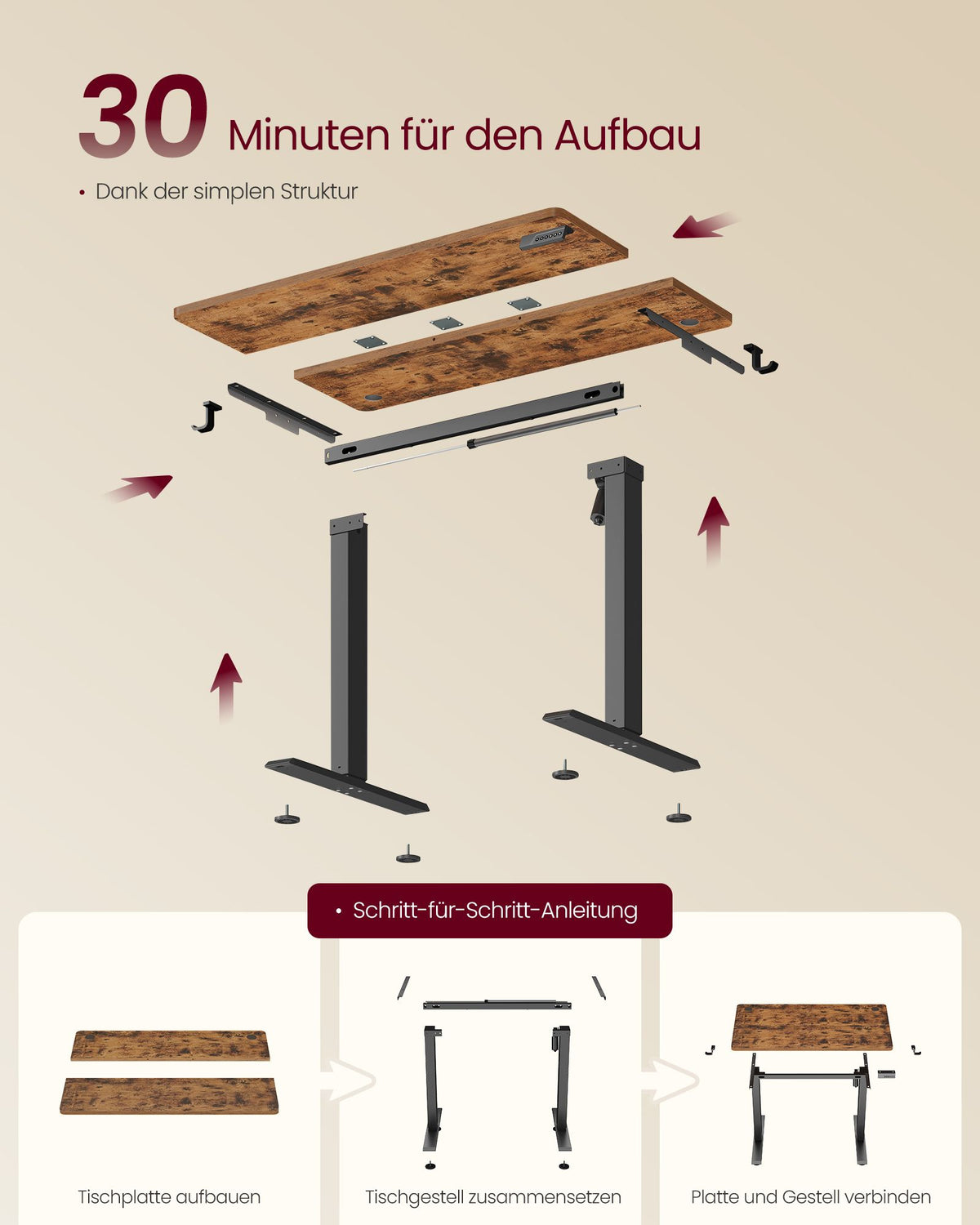 Elektrisch Zit-Sta Bureau – 100 x 60 cm – 4 Geheugenstanden – Zitherinnering – Vintage Bruin en Zwart