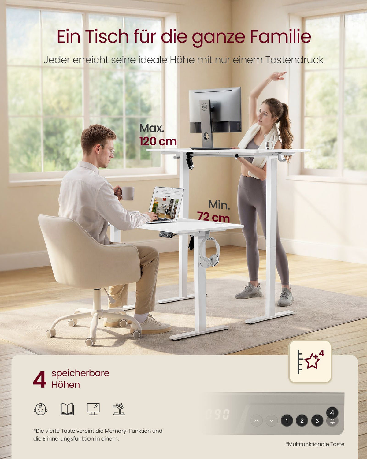 Elektrisch Zit-Sta Bureau – 100 x 60 cm – 4 Geheugenstanden – Zitherinnering – Wit