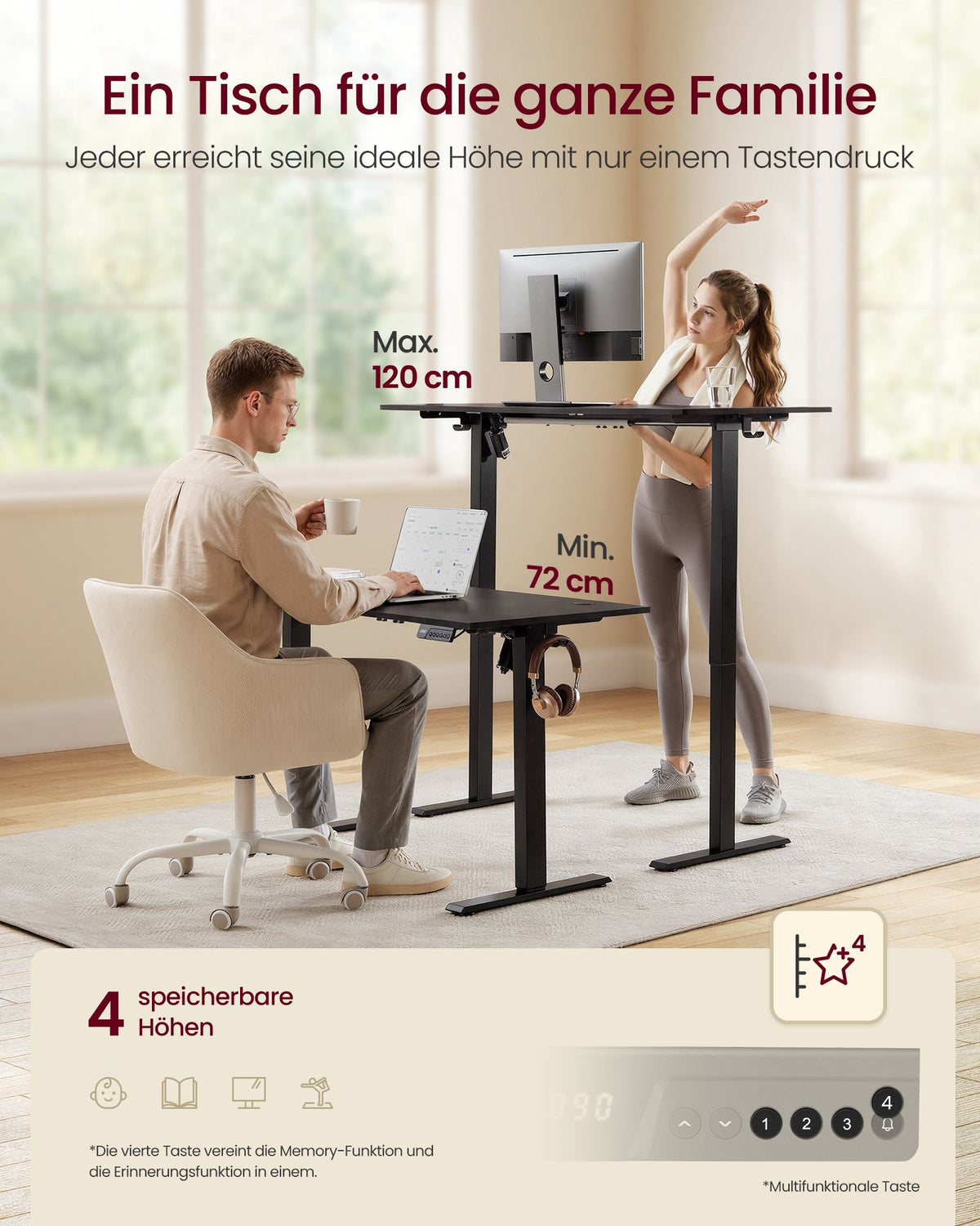 Elektrisch Zit-Sta Bureau – 140 x 60 cm – 4 Geheugenstanden – Zitherinnering – Zwart