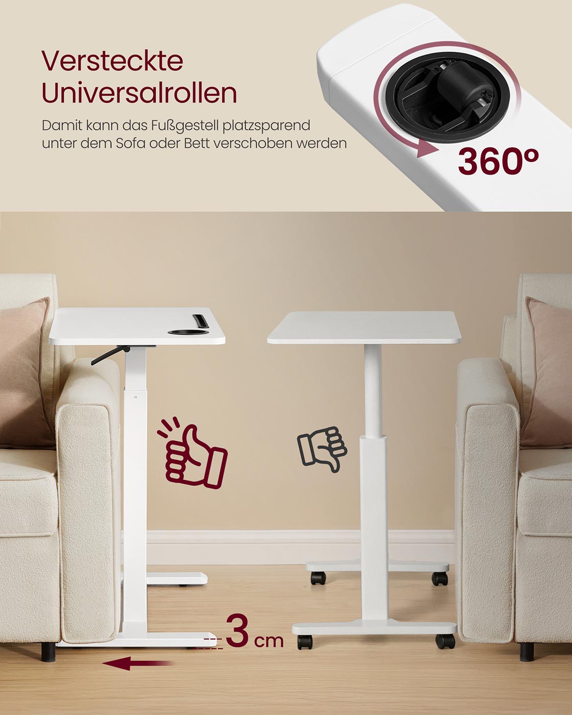 Sidobord - mobil - hjul - kopphållare